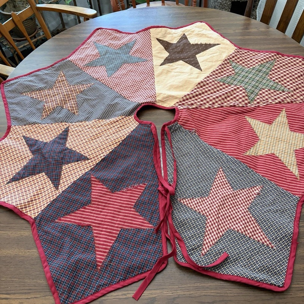 Vintage 1990s Primitive Country Christmas Tree Skirt 48" Round Stars Farmhouse